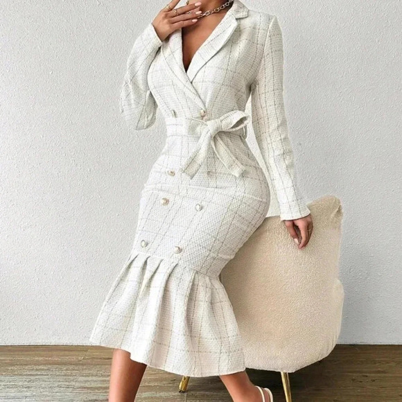 Women's Turn-Down Collar Long Sleeve Waistband Elegant Dress - Picture 3 of 7